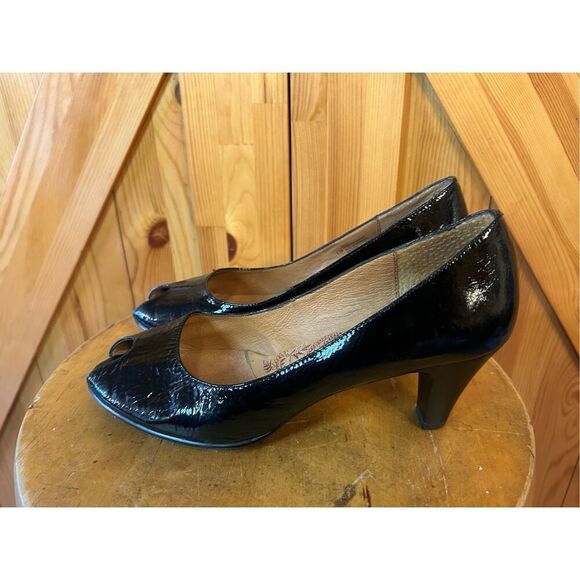 Sofft Black Leather Slip On Heels Pumps Cushioned Comfort Shoes 8.5 Peep Toe - Picture 3 of 8